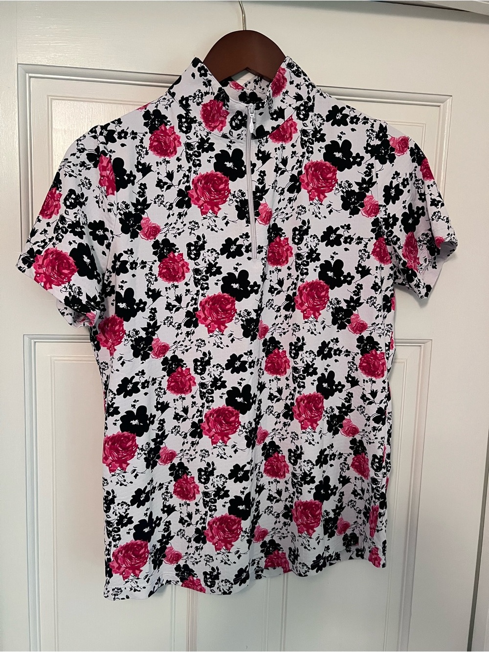 IBKUL White Zip Polo with Pink & Black Floral Pattern MEDIUM